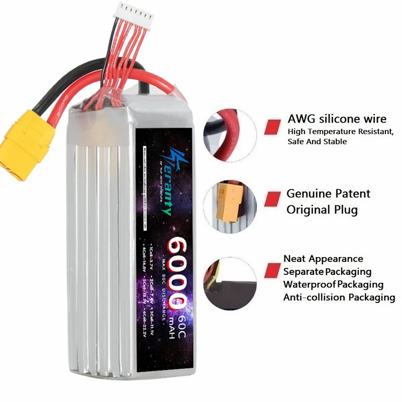 Teranty 6S батарея XT60 разъем 22 2 в 6000 мАч Lipo 60C для дрона летающей машины DlY