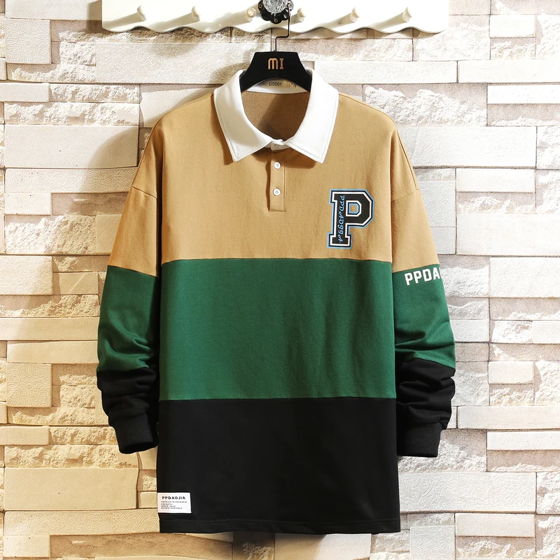 

Рубашка-поло мужская оверсайз в стиле хип-хоп, модная брендовая повседневная одежда в стиле пэчворк, уличная одежда в стиле панк, весна-осен...