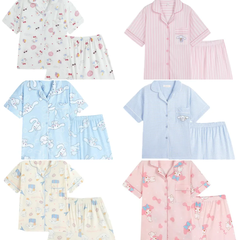 

Kawaii Kuromi Hello Kitty Cinnamoroll Sanrio Summer Small Lapel Loose Pajamas Anime Girl Heart Casual Home Wear Thin Section Set
