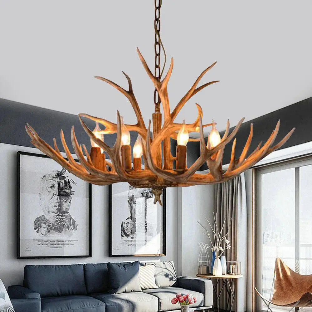 

6 Lights Rustic Deer Horn Antler Chandelier Living Dining Room Bedroom Pendant Light Modern Luxury Indoor Ceiling Hanging Lamp
