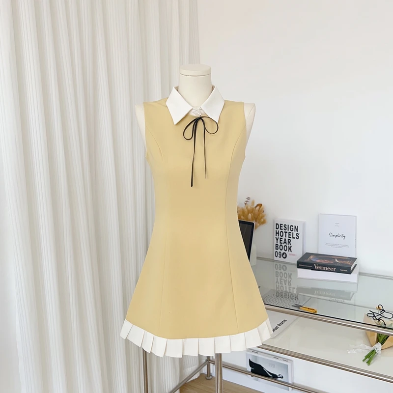 

2023 летнее платье с имитацией двух частей, женское элегантное корейское модное мини-платье Y2k, винтажное повседневное короткое платье с бантом без рукавов