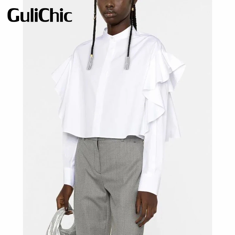 10.31 GuliChic Women Fashion Ruffle Long Sleee Cotton Short White Stand Collar Shirt
