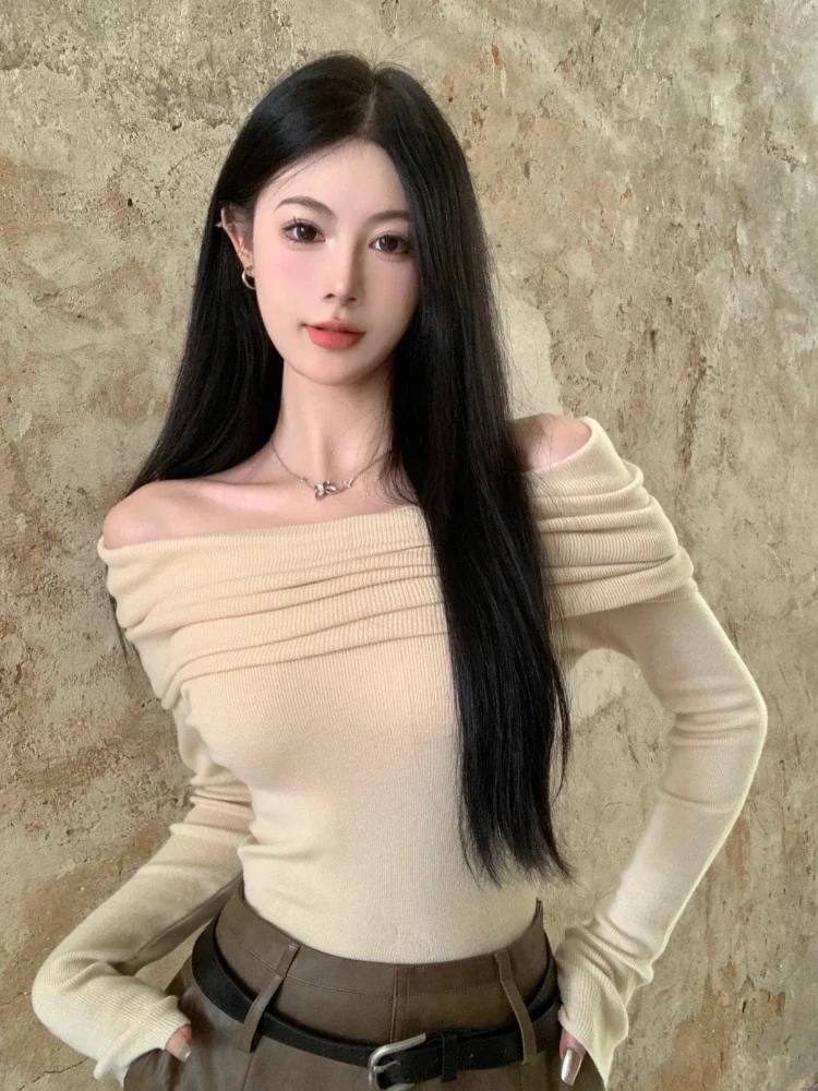 

Elegant Slash Neck Women Pullovers T-shirts Long Sleeve Slim Fit Knitted Female Tops 2023 Spring Autumn Fashion Solid Y2k Tees
