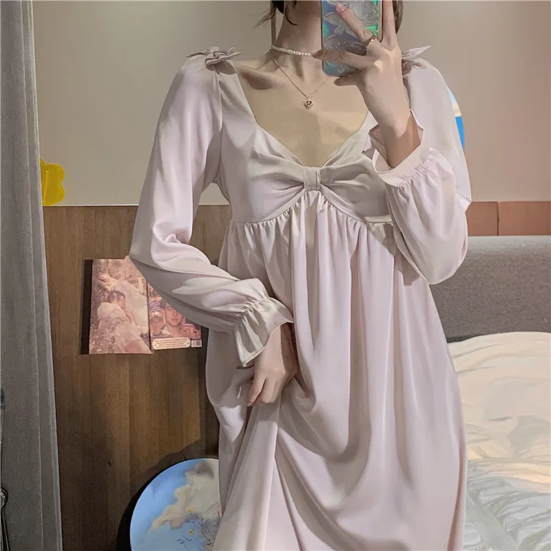 

Sexy Sweet Ruffled Bow Long Nightgown French Court Style Princess Nightdress Women Sleepwear Casual Satin Long Sleeve Home Dress