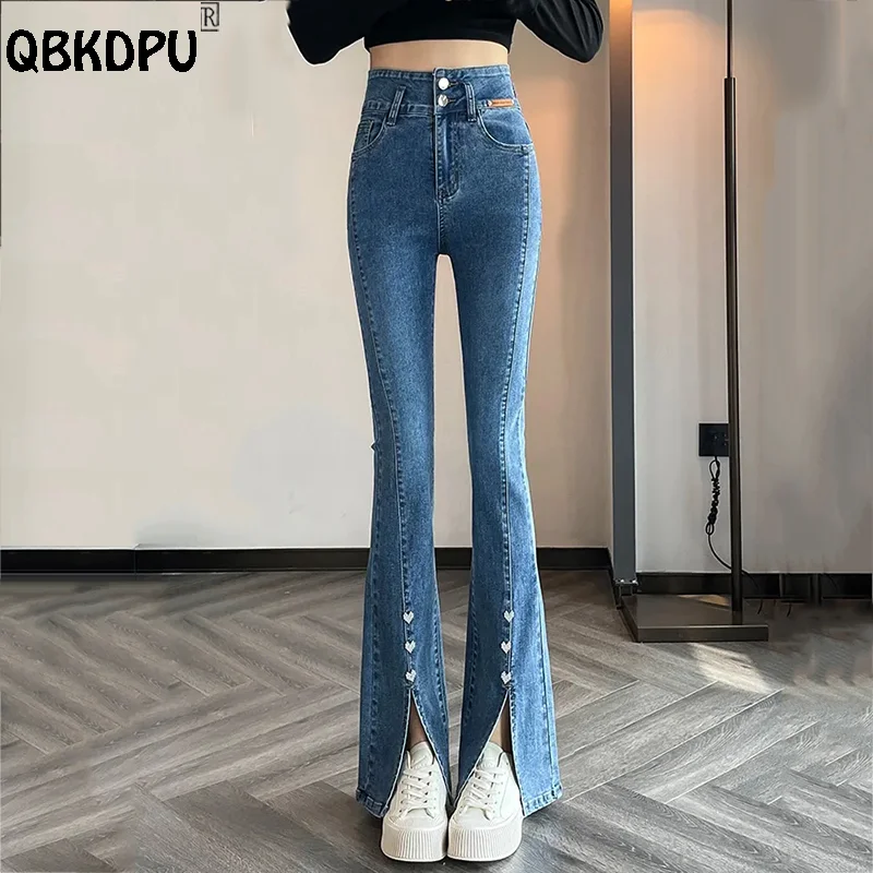 

Fashion Split Flared Jeans Women High Waist Love Skinny Vaqueros 94-102cm Stretch Bell-Bottoms Pants Korean Chic Denim Trousers