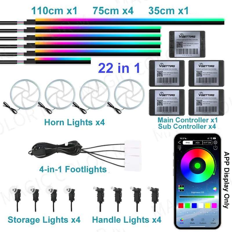 

Универсальная Светодиодная RGB-подсветка Для Автомобиля 22-в-1, 64 Цвета, Скрытая Акриловая Лента