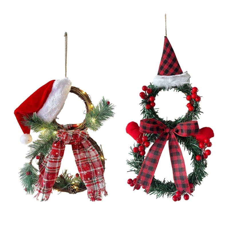 

Christmas Wreath Hat with Lights Festive Party Hanging Ornament Front Door Decoration for Holiday Decor and Celebrations