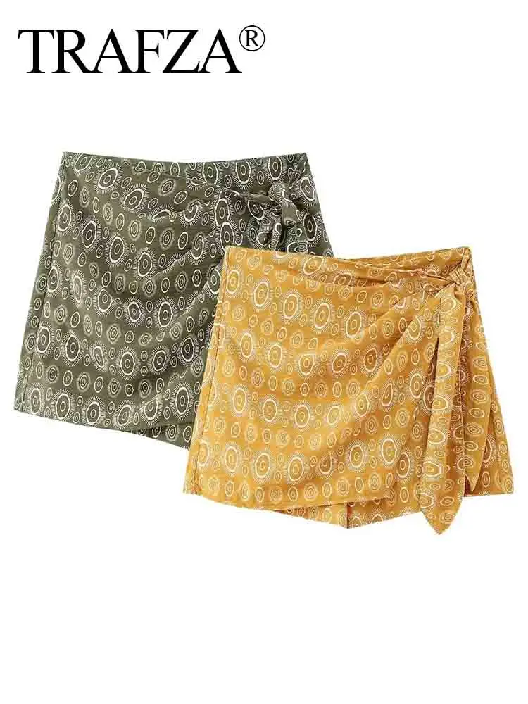 

TRAFZA Women Vintage High Waist With Knot Printed Shorts Female Women Printed Knot Decoration Daily Skirt Shorts Pants Shorts