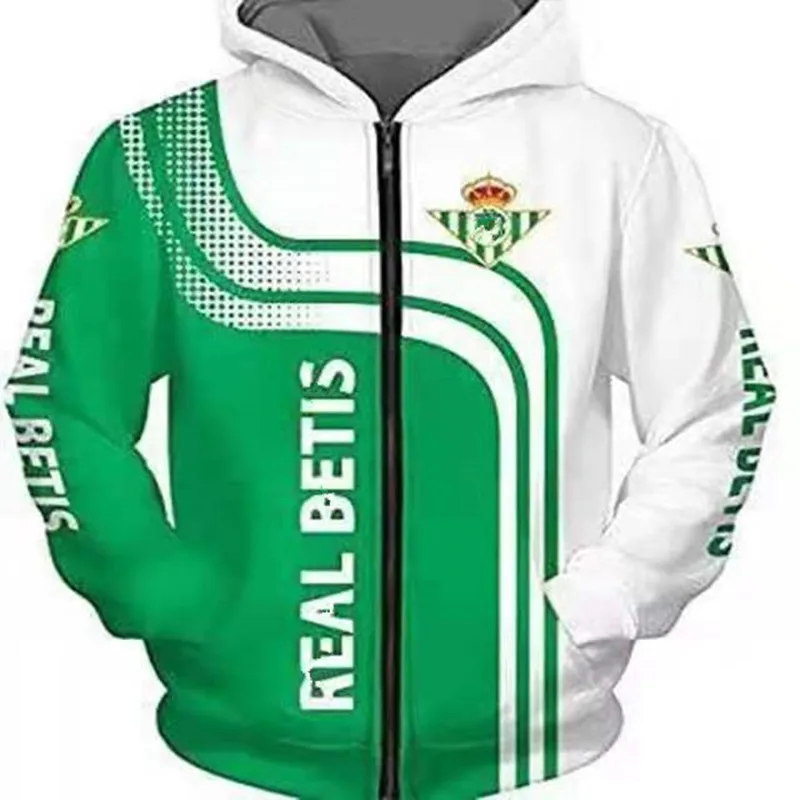 

Men's Trendy Hooded Zipper Shirt Spring And Autumn Royal Betis Logo 3D Printing Casual Sports Hooded Cardigan
