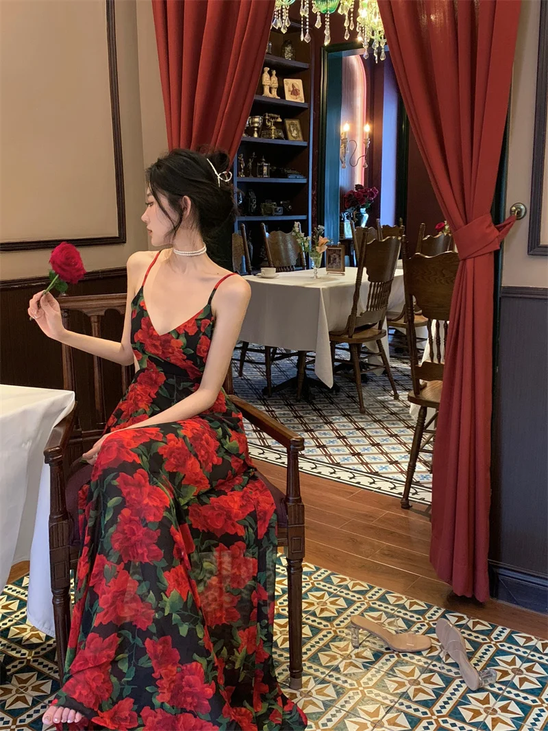 

Женское шифоновое платье с цветочным принтом, Красное длинное платье с V-образным вырезом, открытой спиной и без рукавов, в Корейском стиле, лето 2023
