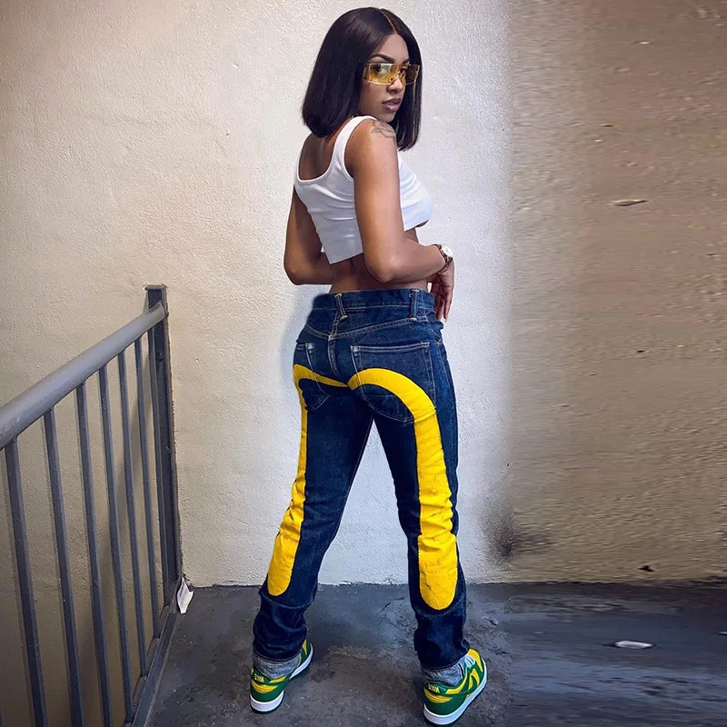 Women Cyber Y2k Goth Cargo Pants Fall 2023 New Low Rise Jeans Streetwear Colorblock Graphic Denim Trousers Baggy Jeans Women