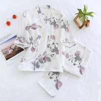 new spring summer japanese kimono suit ladies sweet flowers 100 cotton crepe pajamas long sleeve pants two piece homewear