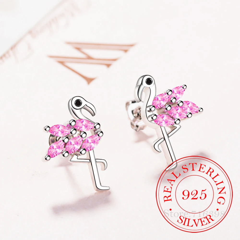 

Real 925 Sterling Silver Flamingo Stud Earring Simple Korean Female Crystal Earrings for Women Wedding Party Jewelry Gift Jlfda