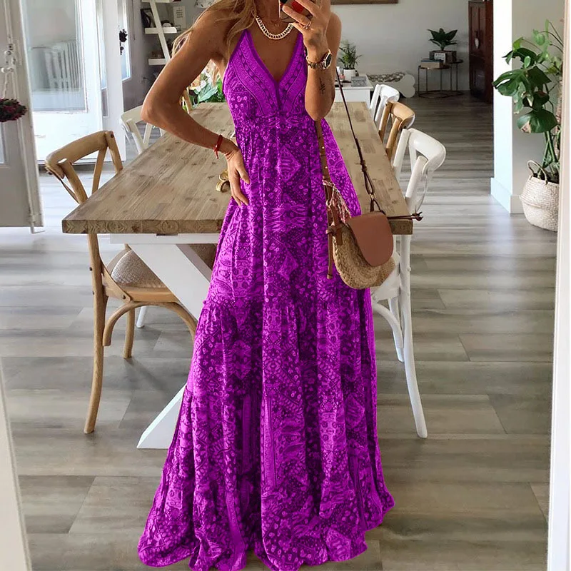 

Sexy Sleeveless V Neck Boho Maxi Dress Women Sundress Spaghetti Strap Vintage Printed Long Dress Retro Fashion Beach Dress