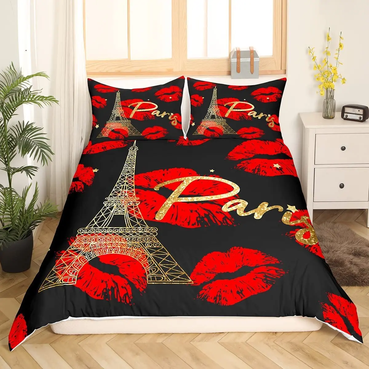 

Paris Duvet Cover Set Red Lips Kiss Marks Decor Bedding Set 3pcs for Girls Tower Soft Polyester Quilt Cover with King Size