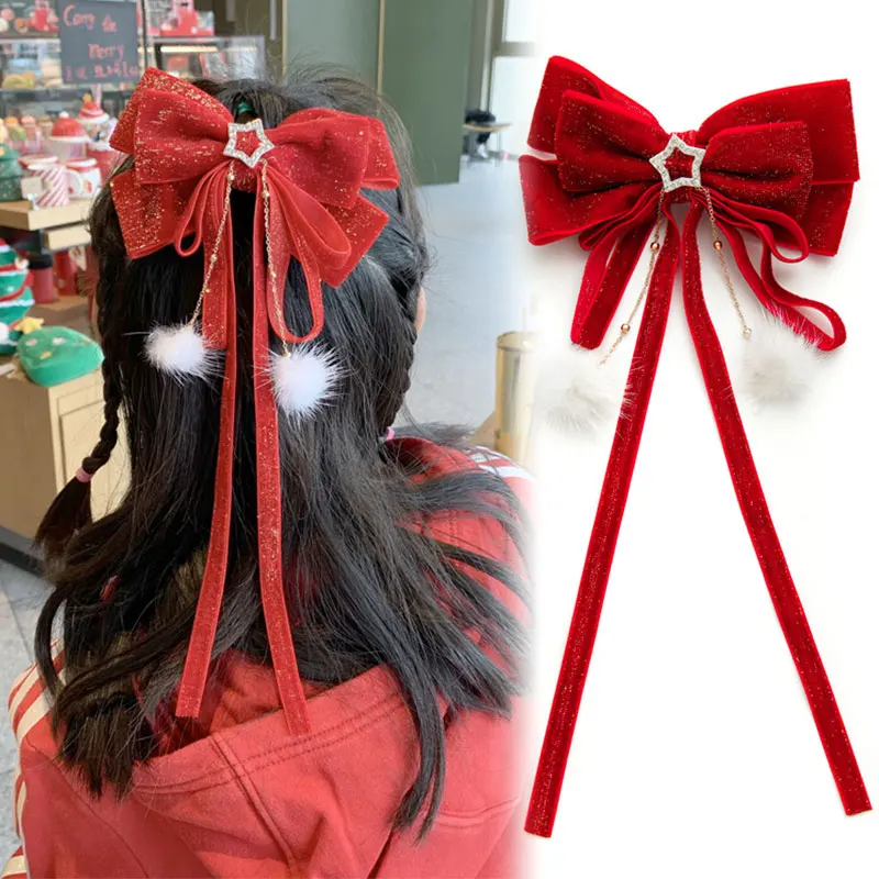 

New Year Hair Clips Hair Accessories Red Velvet Hair Clips Bow Hair Clips Star Duckbill Clips Ribbon Hair Clips Fashionable