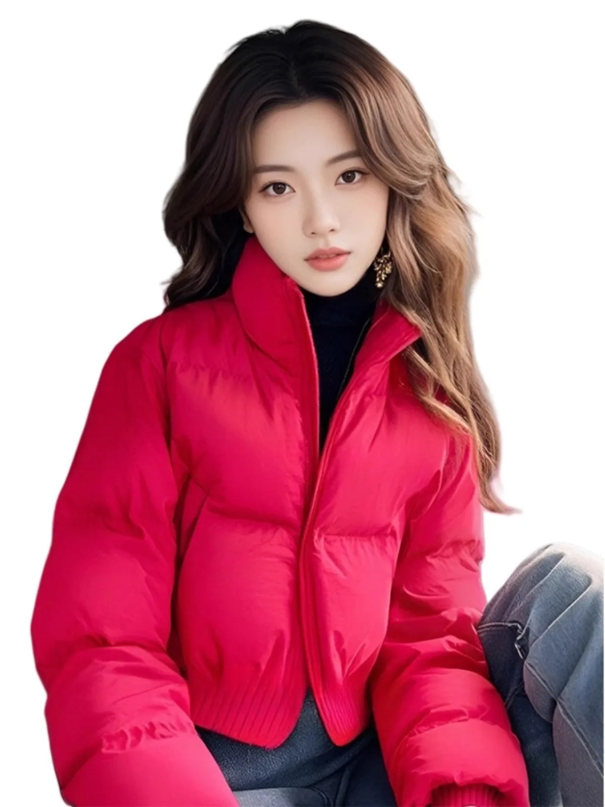 Rose Red Stand Collar Quilted Bread down Jacket Cotton-padded Clothes Cotton-Padded Women 2024 New Winter Black Tea St...