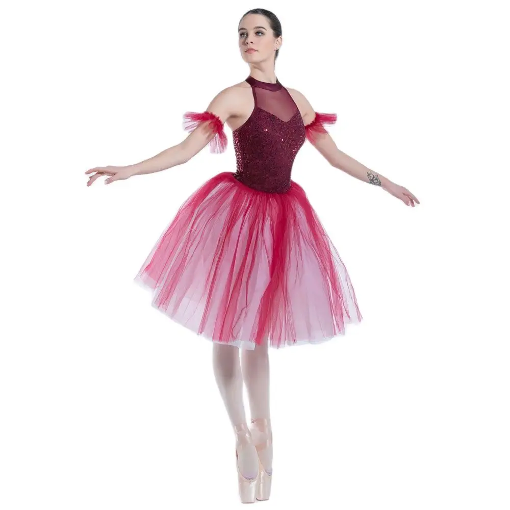 

Новинка 19333, топ с блестками для танцев, бордовый лиф с лямкой на шее, балетное танцевальное платье для девушек и женщин