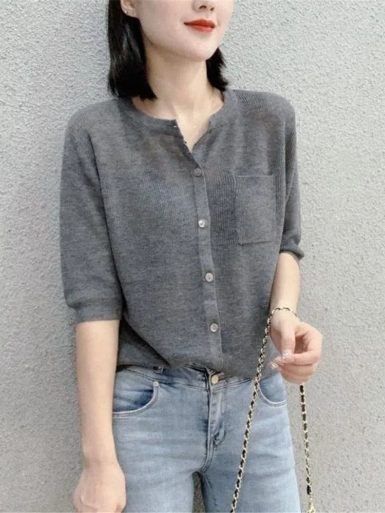 

2023 Cardigan Women Solid Thin Summer Short Sleeve All-match Fashion Casual Elegant Female Daily Retro New Simple O-neck ZY7766