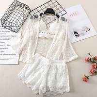 oumea summer women strapless halter neck lace embroidery cardigan knitted seaside swimsuit three piece set sexy hollow