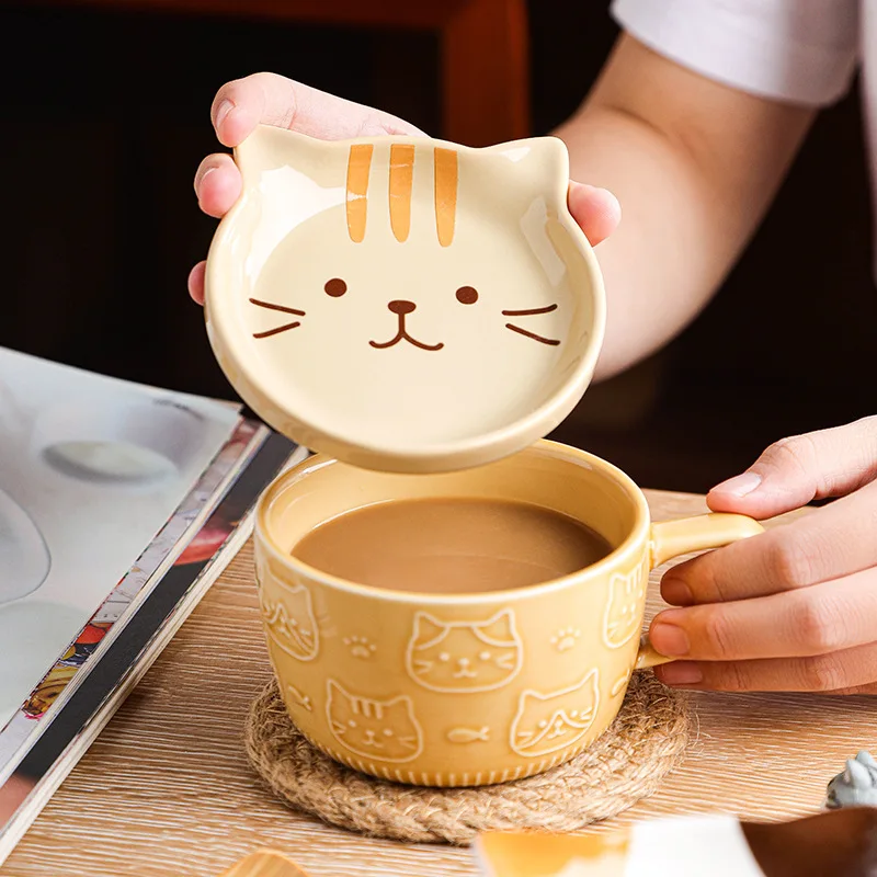 

New Creative Cat Ceramic Coffee Cup Saucer Cartoon Animal Crafts Breakfast Milk Cup Embossed Coffee Mug Afternoon Tea Supplies