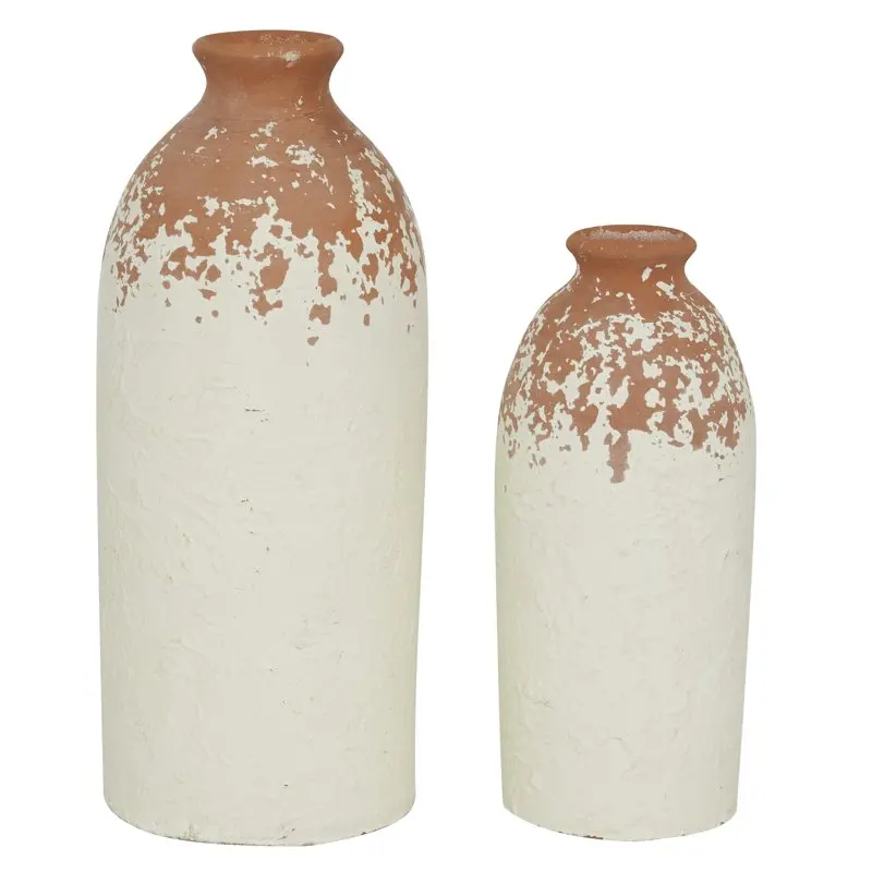 

10"H White Ceramic Vase with Terracotta Detailing, Set of 2