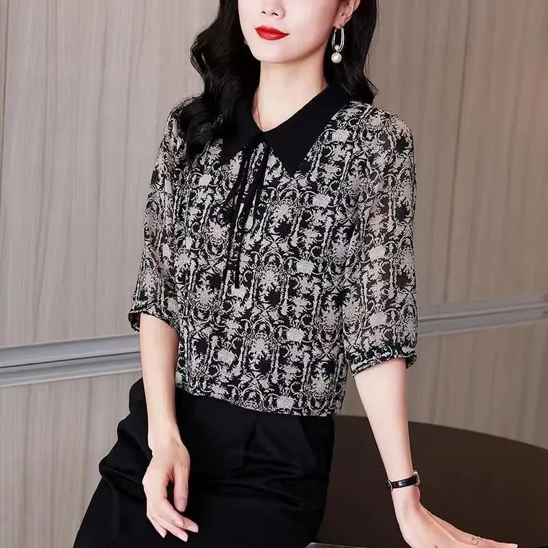 Vintage Printed Lapel 2023 New Lace Up Bow Chiffon Shirt Women's Clothing Summer Oversized Casual Tops Loose Commute Blouse