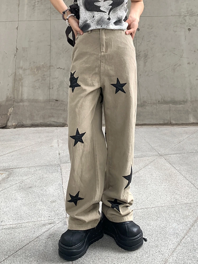 

YIKUO Harajuku Style Baggy Jeans Khaki Star Patch Women Pant Vintage 90s Streetwear Denim Low Waist Straight Fashion Trousers