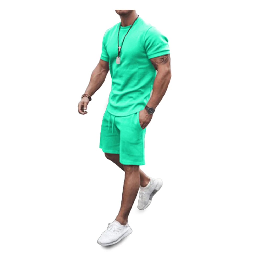 Summer Trendy Teenager Tracksuits For Men Solid Color Short Sleeve T-shirt And Drawstring Shorts Casual Sport 2 Piece Sets 21486