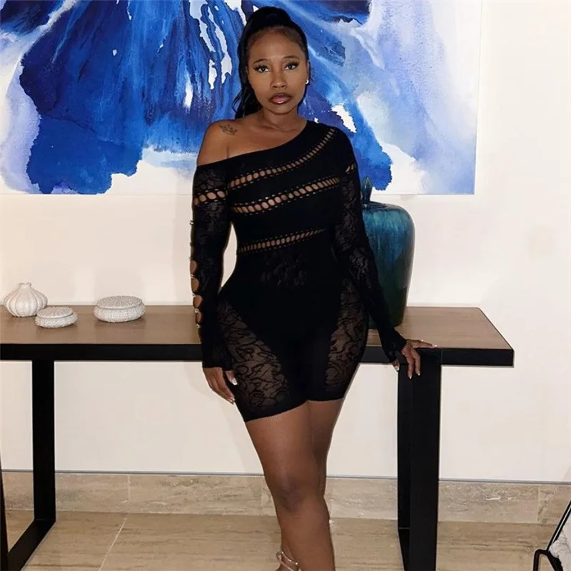 

Sexy Jumpsuit One Shoudelr Full Sleeve See Through Party Night Playsuit Short Romper Women Jumpsuit Overalls Women playsuit