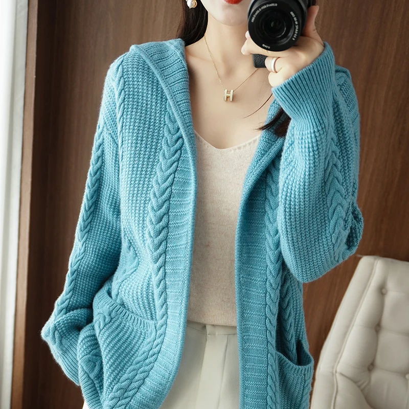 2022 Autumn And Winter New Pure Color Hooded Casual Pure Wool Thickened Twist Knit Medium Long Cardigan Women Loose Outer Blouse