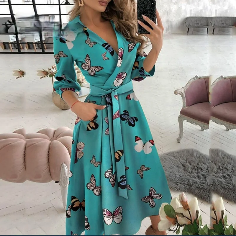 

Temperament V-neck Print Lapel Tie Shirt Long Sleeve Dress