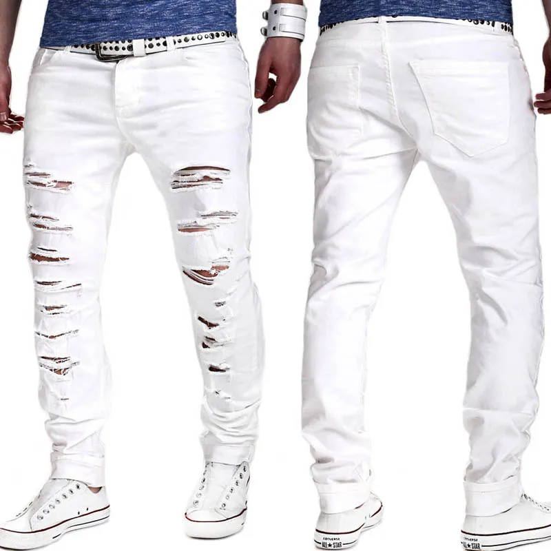 NEW 2022 Spring Autumn Fashion White Color Cotton Hip Hop Multi Ripped Hole Streetwear Harem Cargo Pants Men Pantalon Homme