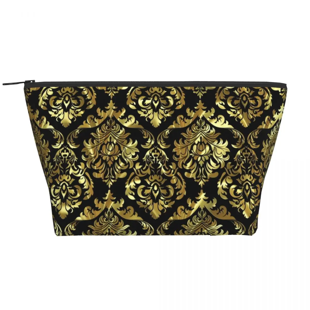 

Retro Baroque Zip Storage Organizers Black And Gold Damasks Women's Makeup Pouch Daily Multi-purpose Cosmetic Bags