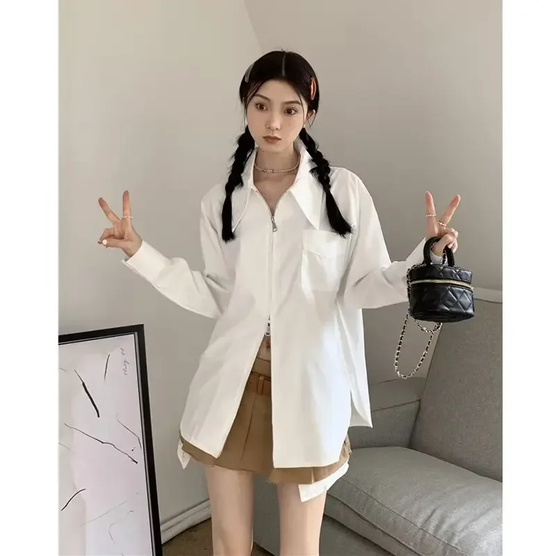 Новая однотонная рубашка с длинными рукавами на молнии женская весенне-летняя