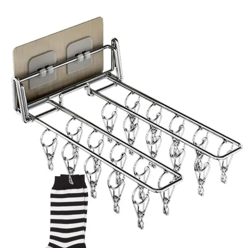 

Laundry Hanger Dryer Rack Stainless Steel Sock Drying Rack With 10 Clips 90 Degree Foldable Punch Free Install Hook Clothes