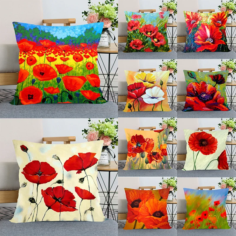 

Red Poppy Flower Pillowcase Bedroom Home Decorative Nice Gift Pillow Cover Square Zipper Pillow Cases Satin Soft Fabric 40x40cm