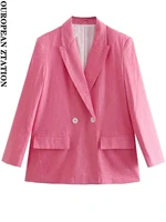 pailete women 2022 fashion double breasted linen blazer coat vintage long sleeve flap pockets female outerwear chic veste