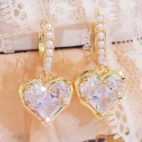 2022 korean modern women pearl hoop earrings love heart exquisite zircon sweet romance elegant temperament lady earring jewelry