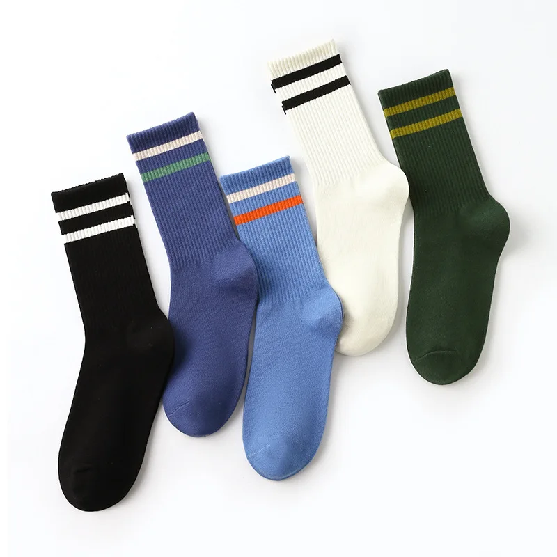 5 Pairs Set Women and Men Striped Cotton Socks Street Fashion Solid Color Couple Socks Middle Tube Sport Sox For All Seasons