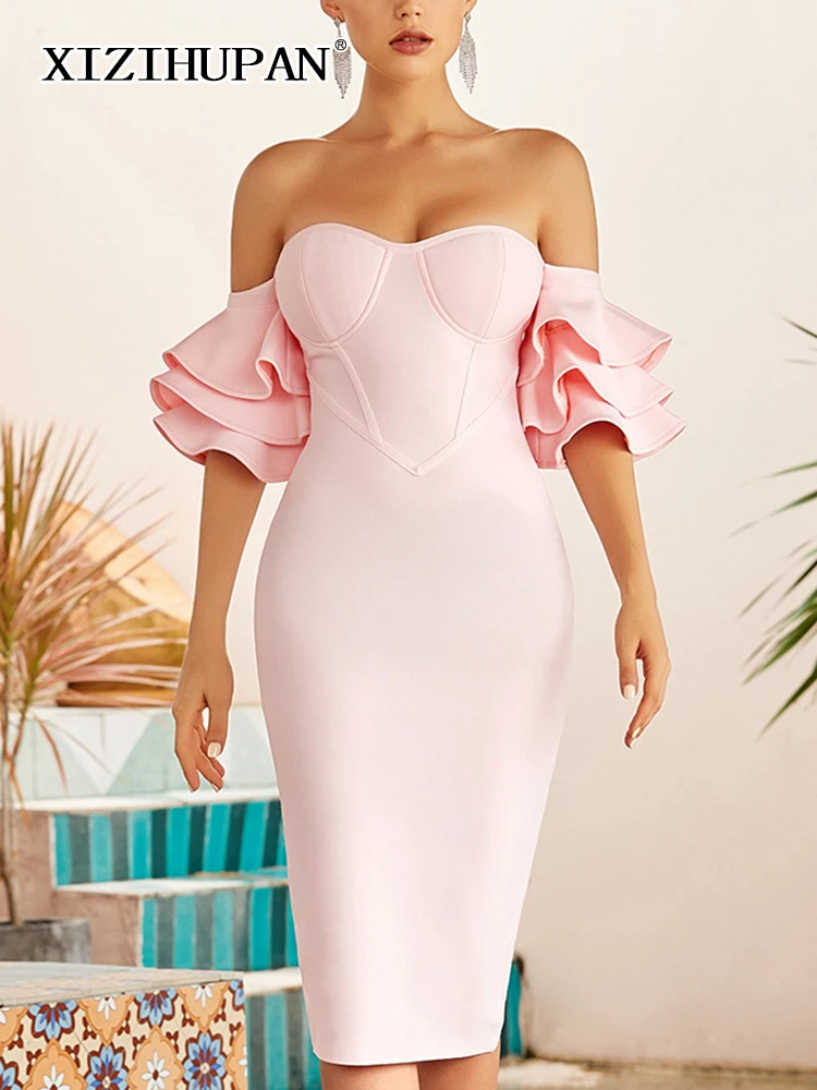 

XIZIHUPAN Off Shoulder Elegant Formal Dresses For Women Slash Neck Butterfly Sleeve High Waist Slim Midi Strapless Dress Female