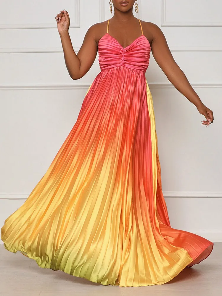 

Gradient Color Pleated Maxi Prom Vestidos Elegant Cocktail Dress For Women Spaghetti Strap Cross Backless Outfits Business Dress
