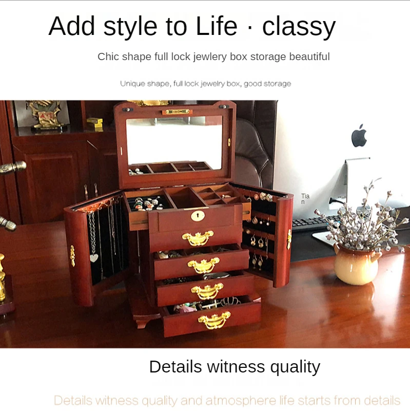 Multi Layer Jewelry Box Storage Organizer Case Large Capacity 360 Wood with Lock Luxury Storage Box Jewelry Drawer Mirror Gift