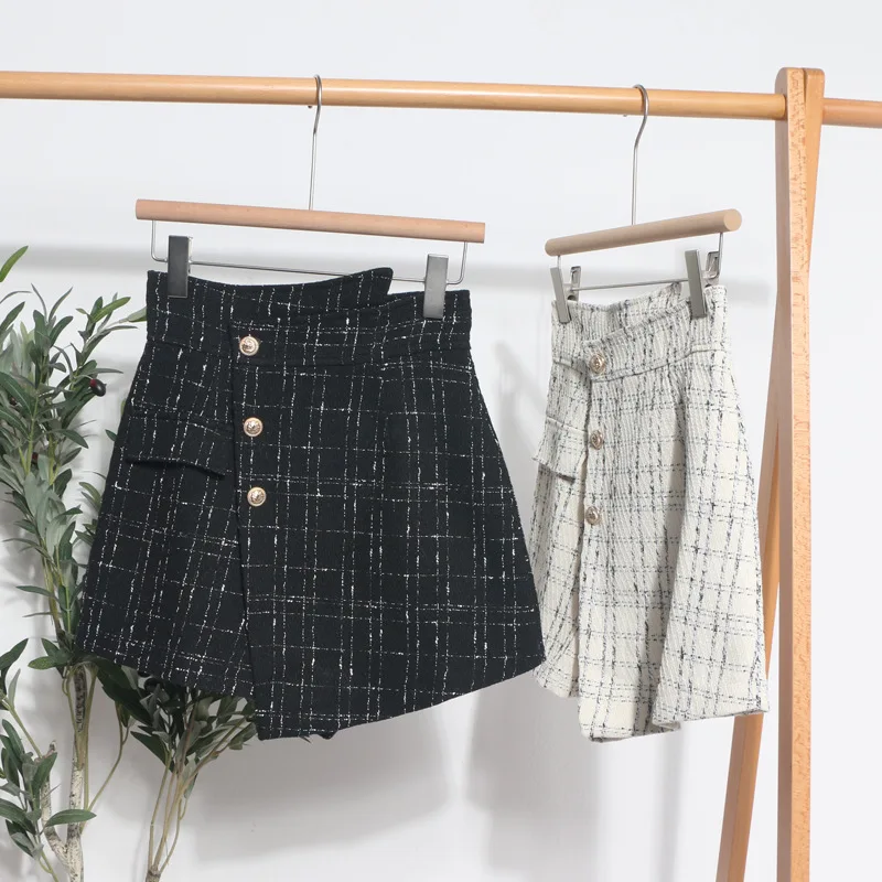 Women's Irregular High Waist Shorts Skirt New Vintage Plaid A Line Casual Office Lady French Sweet Shorts Tweed Female summer
