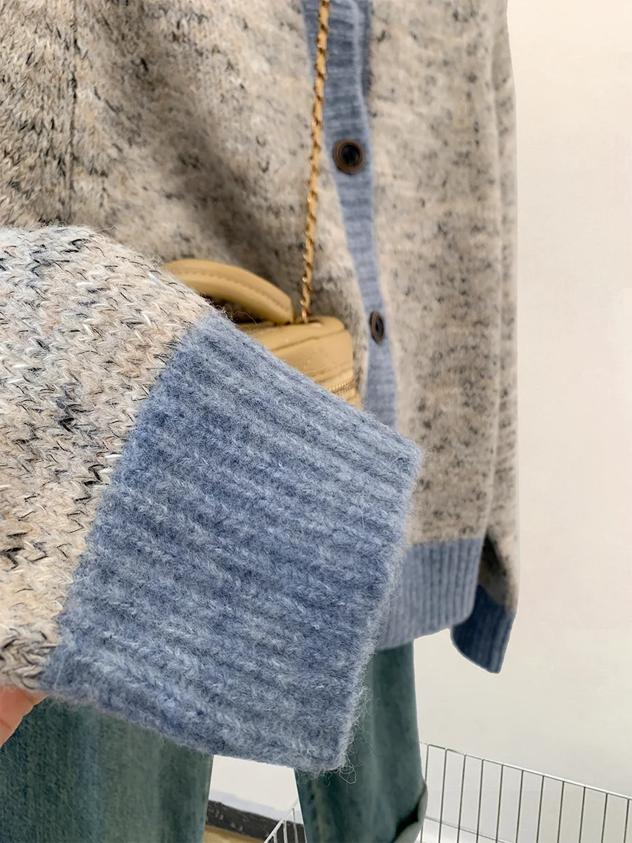 Gray Raccoon Velvet Contrast Color Sweater Cardigan Outerwear Women Autumn and Winter 2024 New Small Short Knit