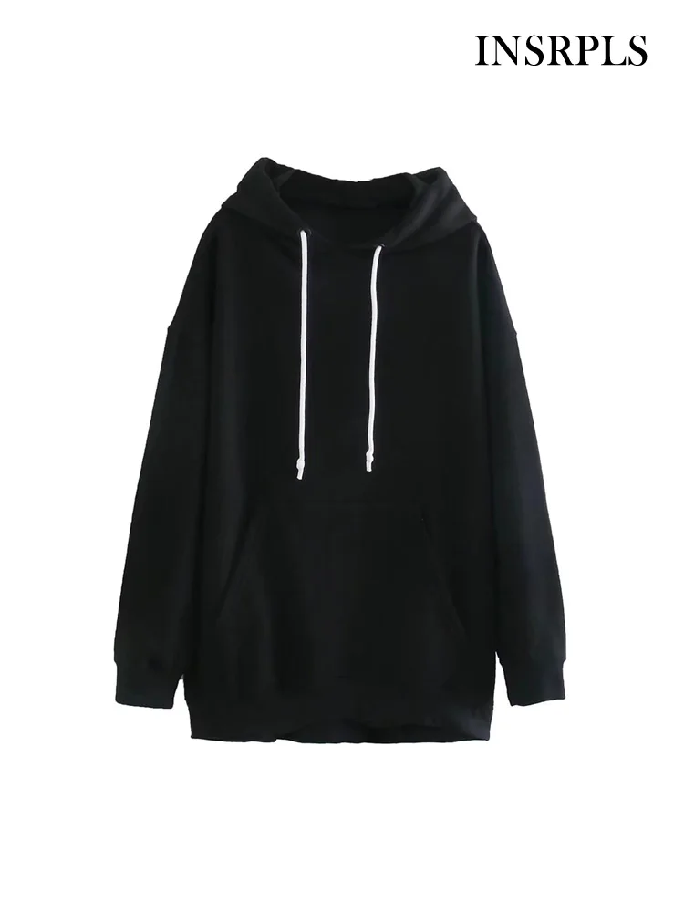 

INSRPLS Women Fashion With Drawstring Oversized Hooded Sweatshirt Vintage Long Sleeve Front Pockets Female Pullovers Chic Tops