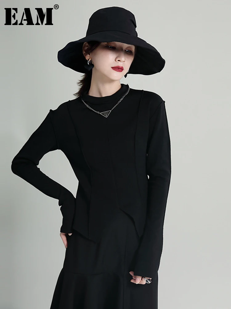 

[EAM] Women Black Irregular Hem Brief Slim Casual T-shirt New Turtleneck Long Sleeve Fashion Tide Spring Autumn 2022 1DE6992