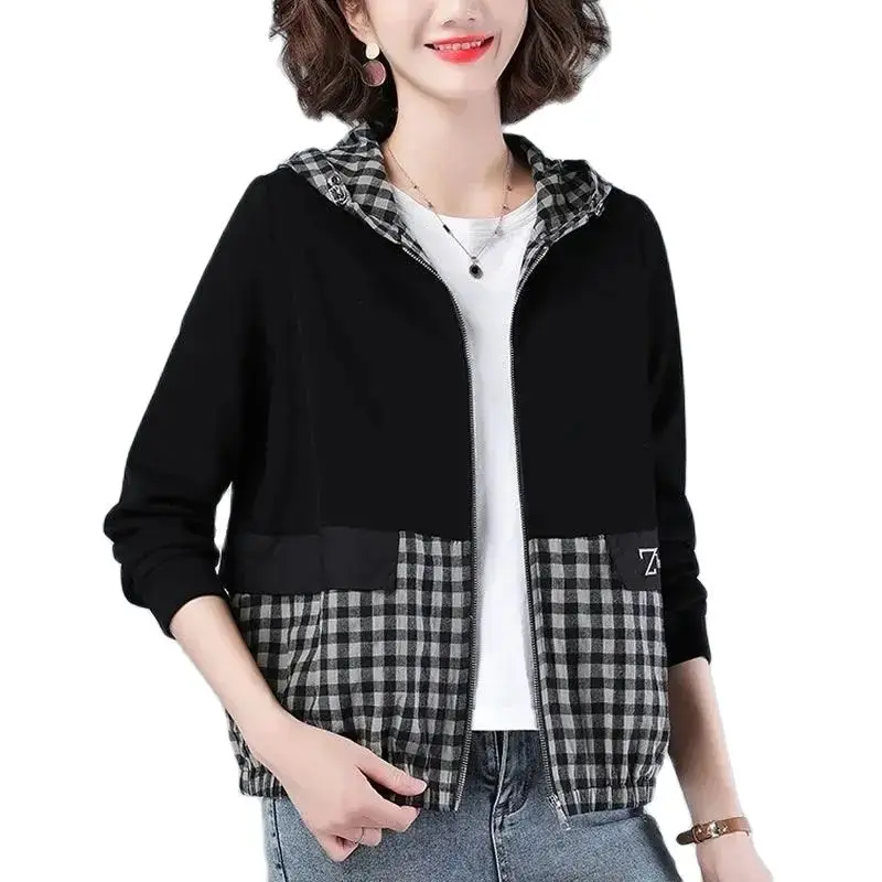 

Lining Women's Short Coat New Korean Version 2022 Spring Autumn Jacket Loose Casual Hooded Top Splicing Plaid Outerwear Female