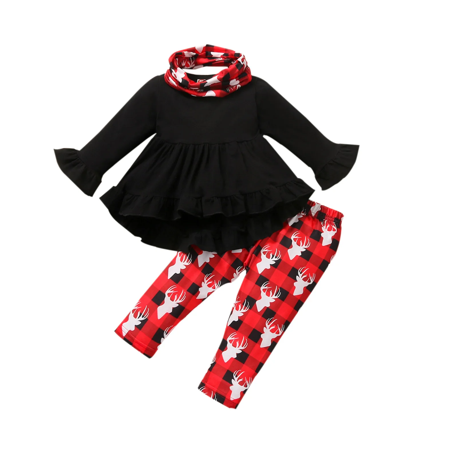 

Повседневный комплект одежды для девочек, однотонный топ с круглым вырезом, брюки и шейный платок с принтом, черный/красный