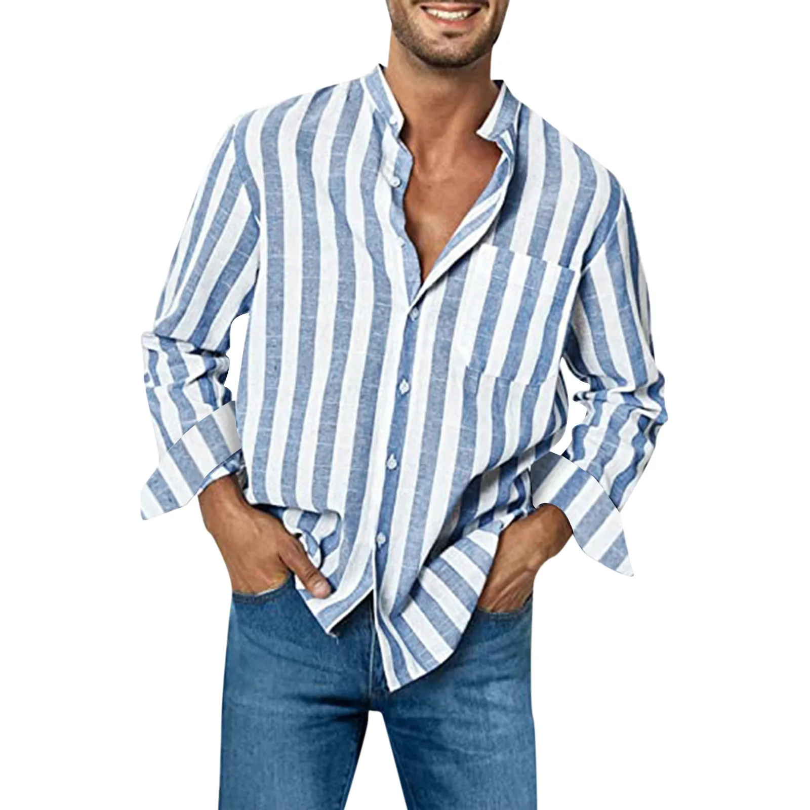 

Mens Fashion Casual Striped Linen Buckle Collar Pocket Long Sleeve Shirt Top Mens Large Long Sleeve Shirts